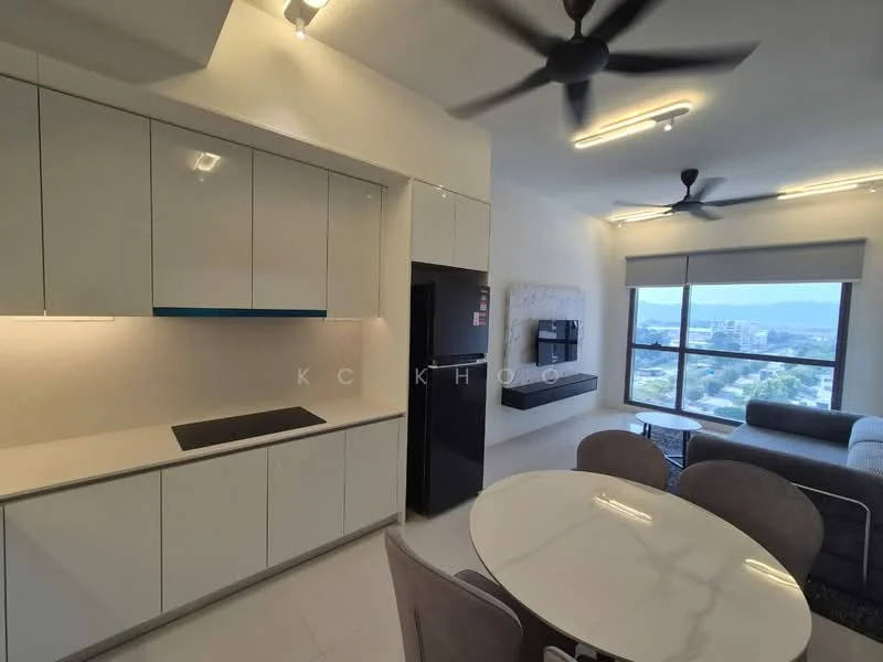 Kitchen features: white cabinetry, black countertop, stainless-steel sink, chrome pull-down faucet, built-in oven, stainless-steel fridge, recessed LED downlights, 2-blade ceiling fan, open-plan layout, marble dining table, upholstered dining chairs, floor-to-ceiling windows, city view; style: modern; view: city. Living features: grey fabric sofa, wall-mounted TV, entertainment unit, recessed LED downlights, 2-blade ceiling fan, floor-to-ceiling windows, city view; style: modern; view: city.