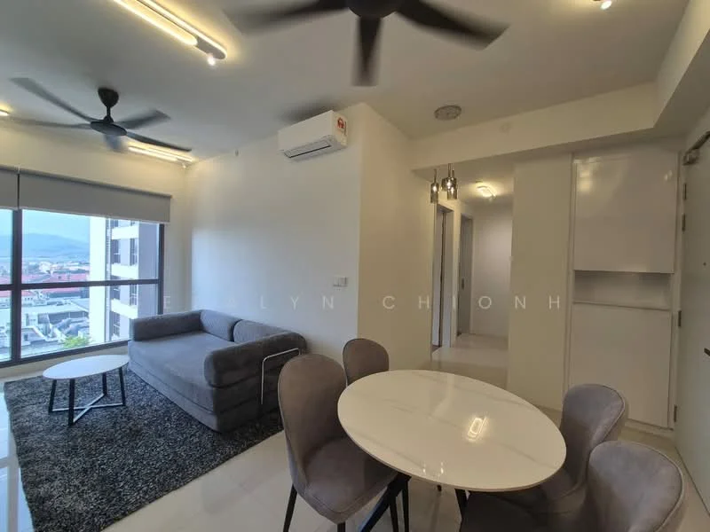 Living features: 3-seater fabric sofa in grey, area rug with geometric pattern, round dining table, upholstered dining chairs, floor-to-ceiling windows, wall-mounted split AC, 5-blade ceiling fan, white painted walls, recessed LED downlights, sliding glass door, view of city skyline; style: modern; view: city.