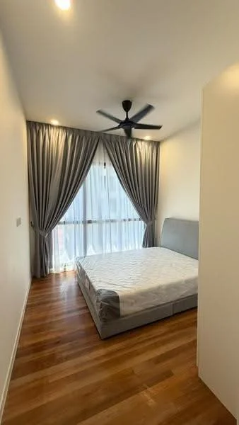 Bedroom features: wooden flooring, grey upholstered bed frame, white bedding, floor-to-ceiling windows, sheer curtains, blackout curtains, 5-blade ceiling fan with light, wall-mounted light switch, neutral painted walls, decorative wall paneling; style: modern; view: city.
