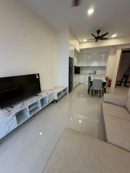 Living features: light grey wall, white ceiling, 5-blade ceiling fan, recessed LED downlights, marble TV console, wall-mounted TV, cream fabric sofa, grey tiled flooring, open layout to kitchen, dining area with red chairs, stainless-steel fridge; style: modern. Kitchen features: white cabinetry, grey countertop, built-in oven, stainless-steel sink, chrome pull-down faucet, ceramic tile backsplash, open shelving; style: modern.