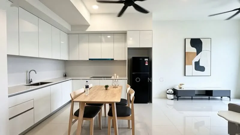 Kitchen features: white cabinetry with flat-panel doors, grey countertop, single-bowl stainless-steel sink, chrome pull-down faucet, built-in oven, stainless-steel fridge, 4-burner gas hob, recessed downlights, pendant light, dining table with 4 chairs, floor-to-ceiling windows, polished tile flooring; style: modern.