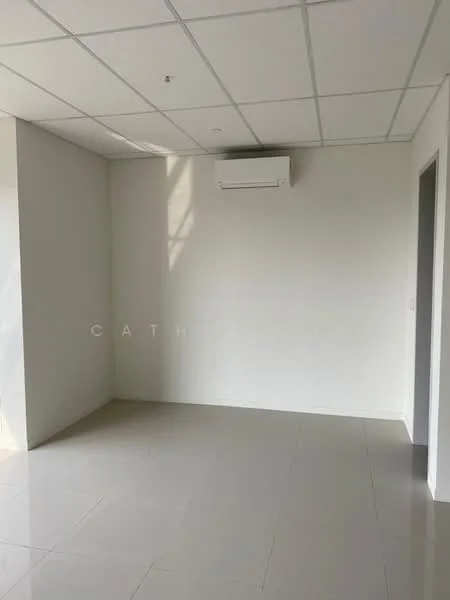 Room features: white painted walls, tile flooring, 1 wall-mounted split AC, drop ceiling, natural light from window, neutral color scheme; style: modern.