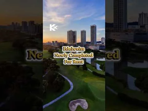 Exterior type: high-rise condominium; features: glass curtain wall, multiple towers, surrounded by golf course, manicured landscaping, water features, city skyline in background, evening lighting, modern architectural design; style: modern.