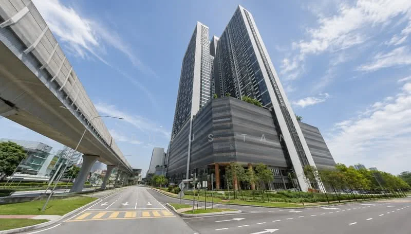 Exterior type: high-rise condominium; features: glass curtain wall, exposed concrete facade, recessed balconies, vertical fins, manicured lawn, surrounded by mature greenery, adjacent to elevated train track, wide road with pedestrian crossing, modern architectural design; style: modern.