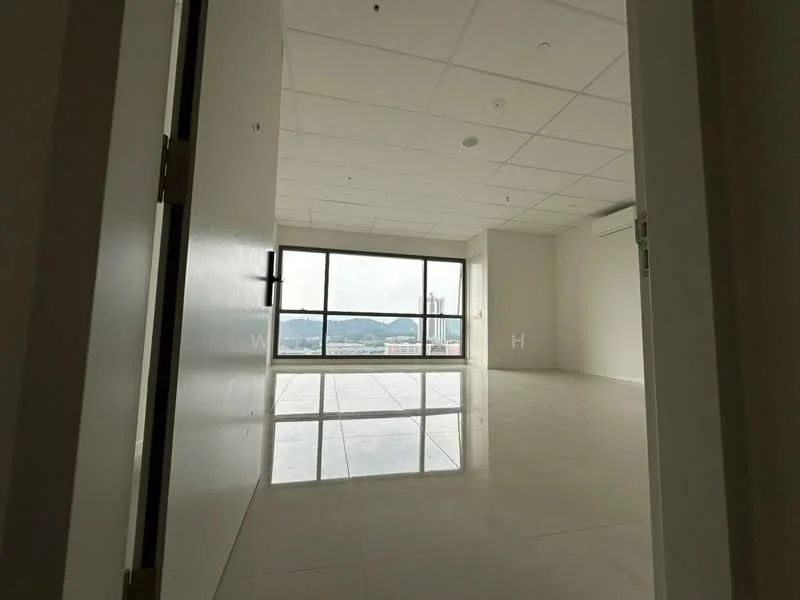 Room features: white painted walls, tile flooring, floor-to-ceiling windows, city view, recessed downlights, air conditioning unit, open layout, high ceiling; style: modern; view: city.