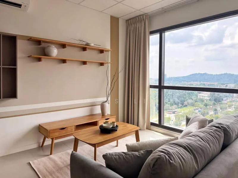 Living features: floor-to-ceiling windows, grey fabric sofa, wooden coffee table, light area rug, wooden TV console, wall-mounted shelving, decorative vase on shelf, curtains, decorative branches in vase, neutral painted walls, city view, laminate flooring; style: modern; view: mountain.