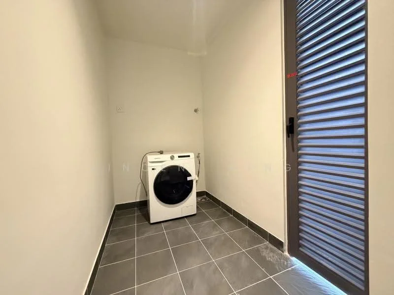 Laundry features: front-load washing machine, grey ceramic tile flooring, white painted walls, sliding door, window with horizontal slats.