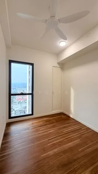 Bedroom features: wooden flooring, white painted walls, ceiling fan, floor-to-ceiling window, black window frame, built-in wardrobe, natural light, city view; style: modern; view: city.