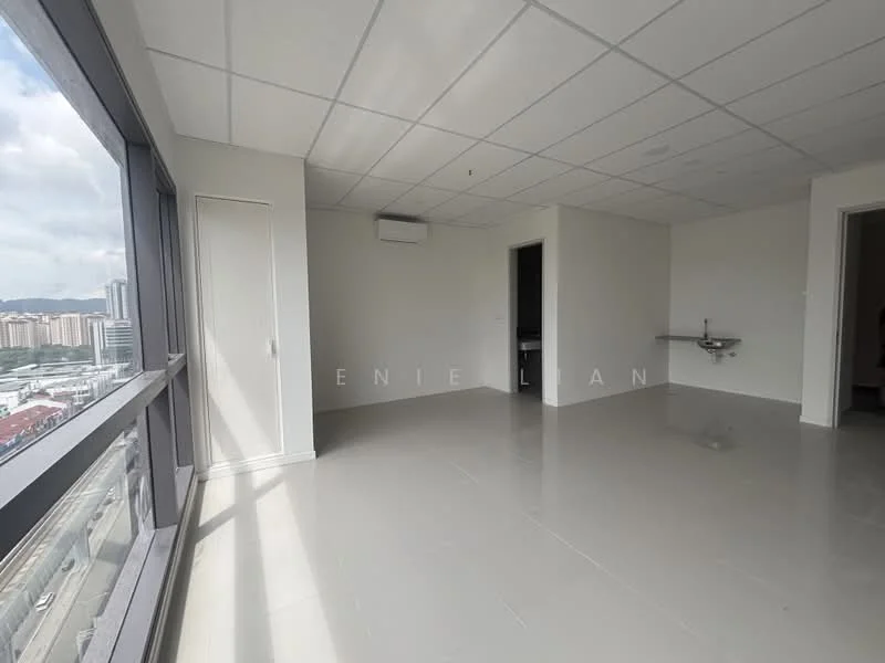 Room features: white painted walls, grey tiled flooring, floor-to-ceiling windows, 1 wall-mounted split AC, ceiling lights, open layout, no visible furniture, neutral decor; style: modern; view: city.