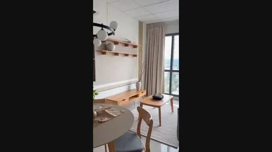 Living features: floor-to-ceiling windows, curtains, wooden coffee table, light-colored area rug, wall-mounted shelf, decorative vase, modern pendant light, neutral wall color, dining table with chairs; style: modern; view: city.