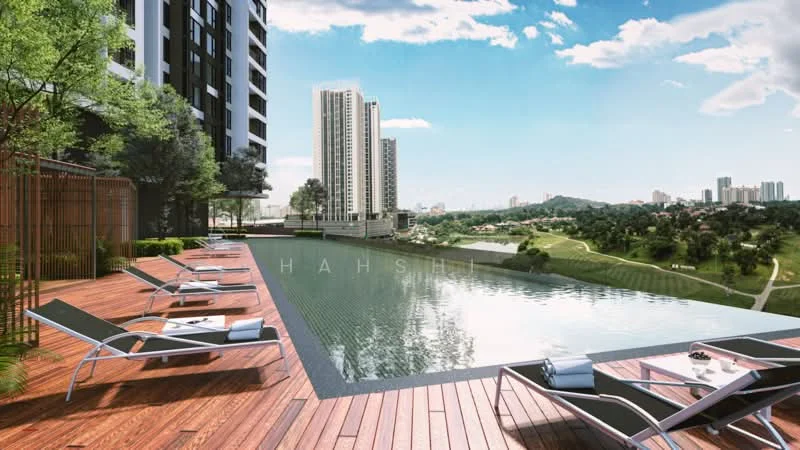 Exterior type: high-rise condominium; features: infinity pool, pool deck with loungers, wooden decking, landscaped greenery, city skyline view, surrounded by mature trees, manicured lawn; style: modern.