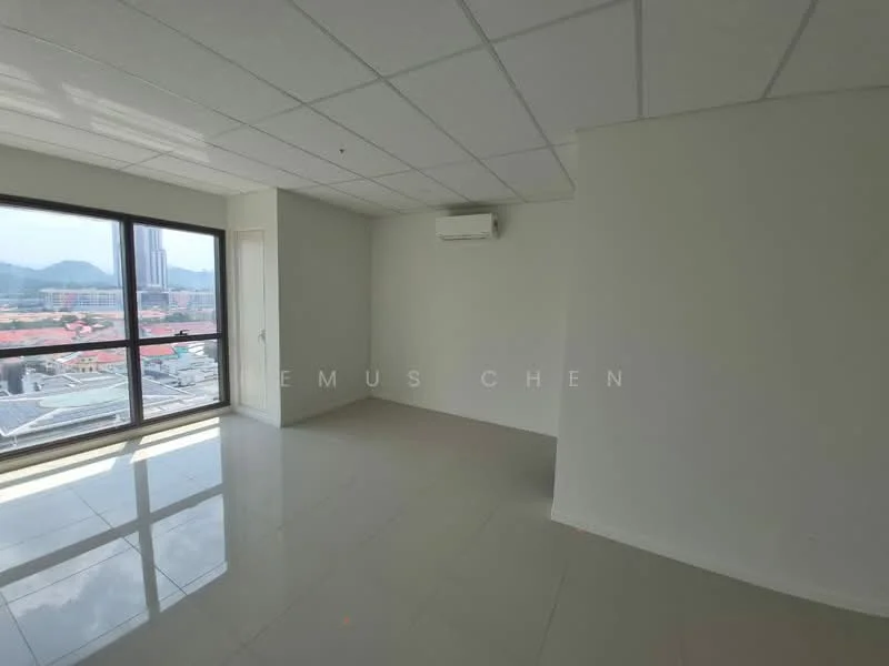 Room features: white painted walls, tile flooring, floor-to-ceiling windows, mountain view, 1 wall-mounted split AC, drop ceiling, natural light, neutral color scheme; style: modern; view: mountain.
