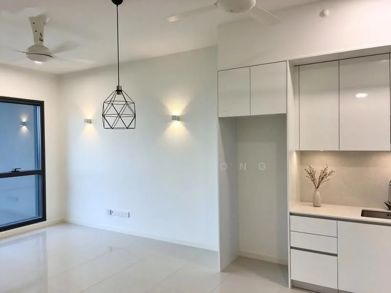 Kitchen features: white painted walls, polished ceramic tile flooring, 5-blade ceiling fan with light, pendant lamp with geometric design, recessed LED downlights, white cabinetry with flat-panel doors, countertop with light-colored surface, stainless-steel sink, built-in kitchen appliances; style: modern. Living features: white painted walls, polished ceramic tile flooring, 5-blade ceiling fan with light, recessed LED downlights, wall-mounted sconces, large window, open layout; style: modern.