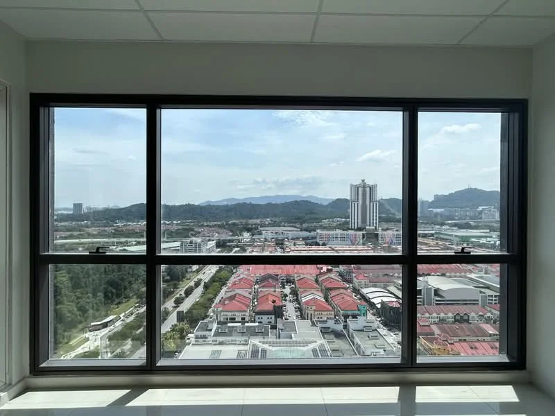 Exterior type: high-rise condominium; features: floor-to-ceiling windows, city skyline view, mountain view, urban landscape, surrounded by residential buildings, clear blue sky; style: modern.