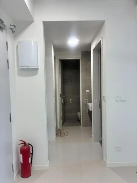 Room features: white painted walls, tile flooring, recessed ceiling lights, fire extinguisher, doorway leading to bathroom, doorway leading to hallway, light switch, wall-mounted electrical panel; style: modern.