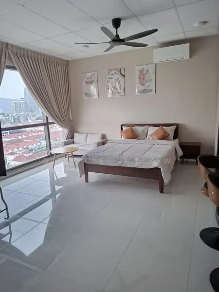 Bedroom features: king-size bed, upholstered headboard, white bedding, two orange decorative pillows, floor-to-ceiling windows, curtains, 3-blade ceiling fan, wall-mounted split AC, white painted walls, glossy tile flooring, sofa, side table, artwork on walls; style: modern; view: city.