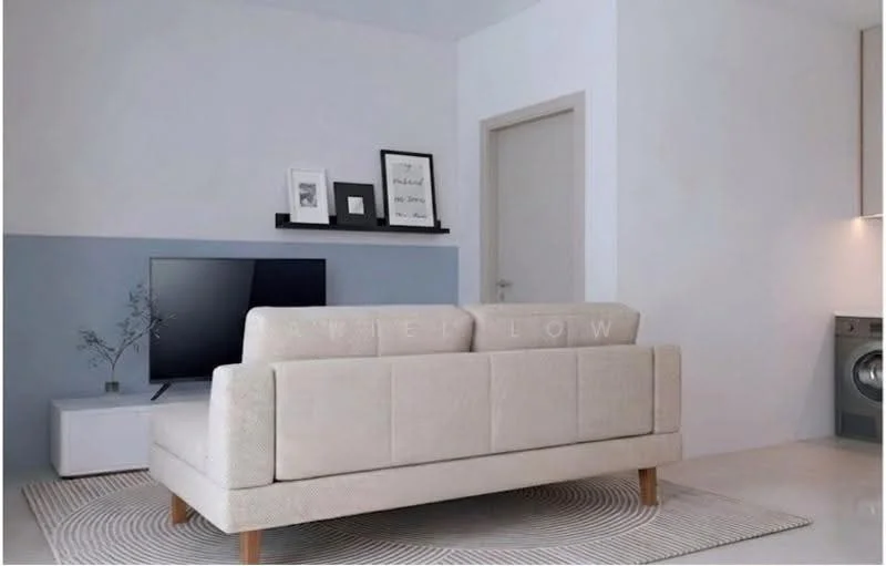 Living features: light grey painted walls, white ceiling, 3-seater fabric sofa in beige, TV console in white, wall-mounted TV, decorative shelf with framed artwork, area rug with circular pattern, washing machine visible in corner, light-colored flooring, minimalist decor; style: modern.
