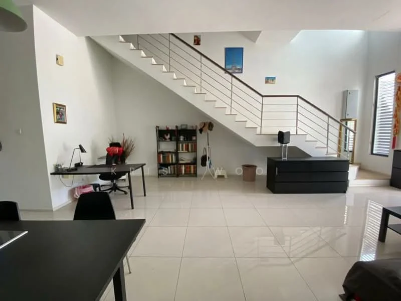 Living features: white painted walls, glossy tile flooring, staircase with metal railing, large windows with blinds, desk with black chair, bookshelf with books, decorative plants, black sideboard, artwork on walls, open layout, natural light; style: modern.