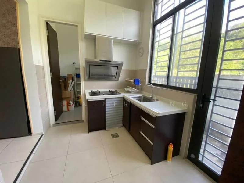 Kitchen features: white upper cabinets, dark wood lower cabinets, stainless-steel sink, chrome pull-down faucet, built-in gas hob, exhaust hood, tile backsplash, ceramic tile flooring, large window with metal grilles, door leading to hallway; style: modern.