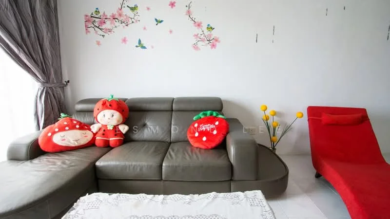 Living features: L-shape sectional sofa in grey, red accent chair, decorative wall decals with birds and flowers, white wall, white area rug, decorative cushions with strawberry design, floor-to-ceiling window with sheer curtains, coffee table; style: modern.