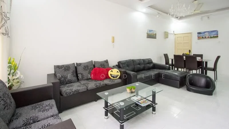 Living features: black leather sectional sofa, 3-seater fabric sofa with floral pattern, glass coffee table, white tiled flooring, recessed downlights, decorative wall art, curtains with floral pattern, potted plants, dining area visible in background, wall-mounted light fixture; style: modern.