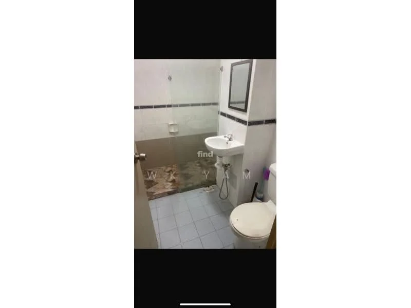 Bathroom features: white tiled walls, grey tiled flooring, single-sink vanity with mirror, chrome basin mixer faucet, one-piece toilet, shower area with glass partition, wall-mounted showerhead, towel rack; style: modern.