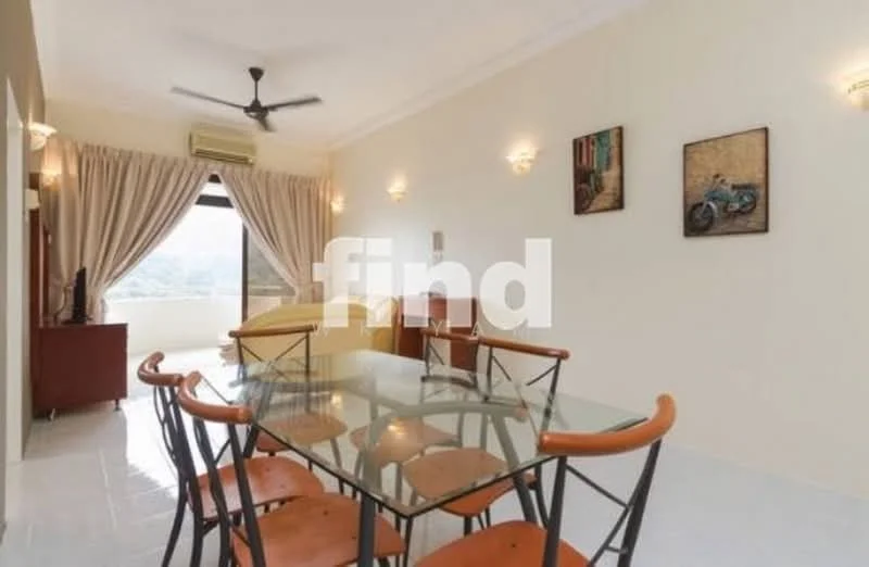 Dining features: glass dining table, 4 wooden dining chairs, ceiling fan, wall-mounted TV, curtains, framed artwork on walls, light fixtures, white painted walls, tile flooring, large window with view; style: modern; view: city. Room features: bed visible in background, cream painted walls, light-colored bedding, wooden furniture.