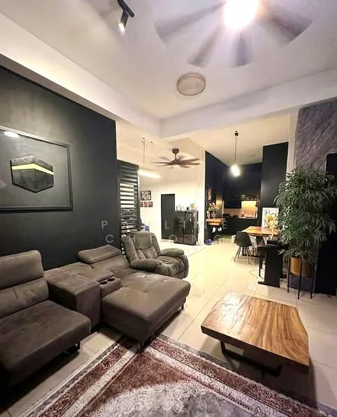 Living features: 3-seater fabric sofa in grey, coffee table made of wood, area rug with intricate pattern, ceiling fan with light, black accent wall, white painted ceiling, tile flooring, decorative wall art, potted plant, recessed lighting; style: modern. Dining features: dining table, dining chairs, open layout to living area; style: modern.