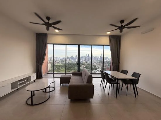 Living features: floor-to-ceiling windows, 2 ceiling fans, grey fabric sofa, coffee table, dining table for 4, black dining chairs, light-colored tiled flooring, curtains, air conditioning unit on wall; style: modern; view: city.