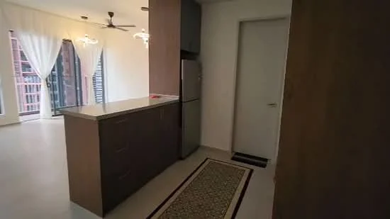 Kitchen features: kitchen island with countertop, stainless-steel fridge, wood cabinetry, recessed downlights, pendant lights, cream walls, light-colored flooring, door leading to hallway; style: modern. Room features: floor-to-ceiling windows, sheer curtains.