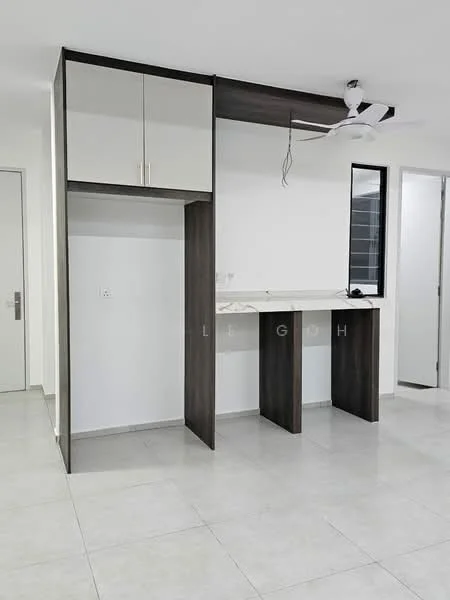 Room features: white painted walls, light grey tiled flooring, ceiling fan, built-in cabinetry with upper and lower sections, open countertop space, two bar-height stools, large window, door leading to another room; style: modern.