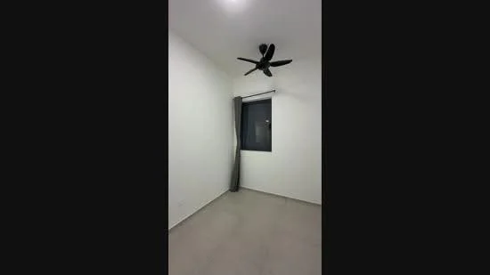 Room features: white painted walls, concrete flooring, ceiling fan, single window with curtain, neutral color scheme; style: modern.