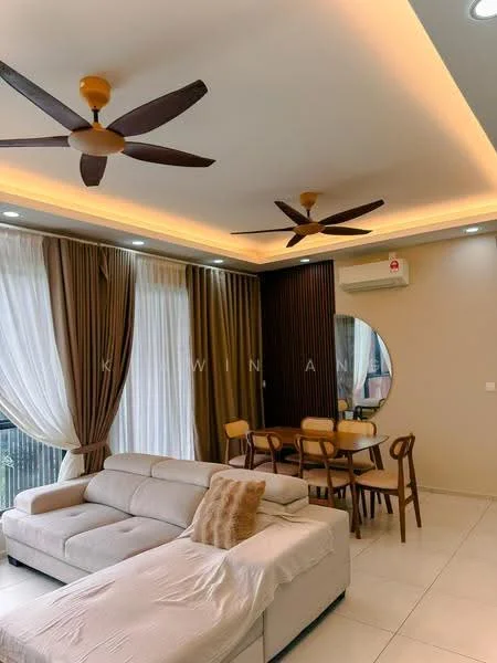 Living features: 3-seater fabric sofa in light grey, decorative throw pillow, round mirror, 2 ceiling fans with light, recessed LED downlights, curtains in cream and brown, wall-mounted air conditioning unit, dining table with 4 wooden chairs, white tiled flooring, accent wall with dark wood paneling; style: modern.