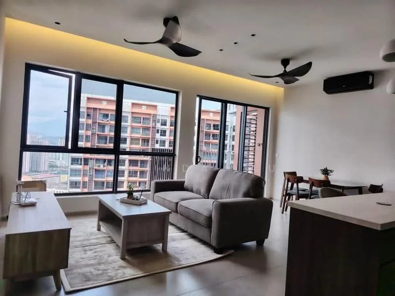 Living features: 3-seater fabric sofa in grey, coffee table, area rug, floor-to-ceiling windows, city view, 2 ceiling fans, wall-mounted air conditioning unit, decorative plant, light-colored walls, recessed lighting; style: modern; view: city. Dining features: dining table with chairs, light-colored walls, recessed lighting; style: modern; view: city.