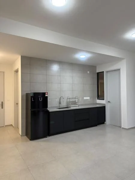 Kitchen features: black cabinetry, white countertop, double-bowl stainless-steel sink, chrome pull-down faucet, grey tiled backsplash, stainless-steel fridge, recessed LED downlights, ceramic tile flooring, wall-mounted cabinets, open shelving, white walls, door to adjacent room; style: modern.