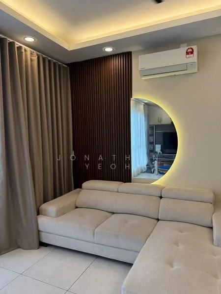 Living features: L-shape sectional sofa in beige, recessed downlights, wall-mounted split AC, curtains in light brown, wood panel accent wall, round mirror with backlighting, tile flooring, TV console, decorative wall with lighting; style: modern.