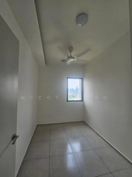 Room features: white painted walls, ceiling with recessed lighting, 5-blade ceiling fan, single window, tile flooring, neutral color scheme; style: modern; view: city.