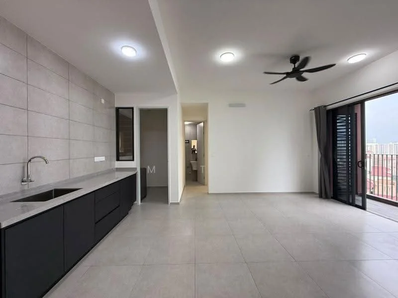 Living features: grey tiled flooring, white painted walls, 5-blade ceiling fan with light, floor-to-ceiling sliding glass door, black cabinetry, white countertop, stainless-steel sink, recessed LED downlights; style: modern; view: city.