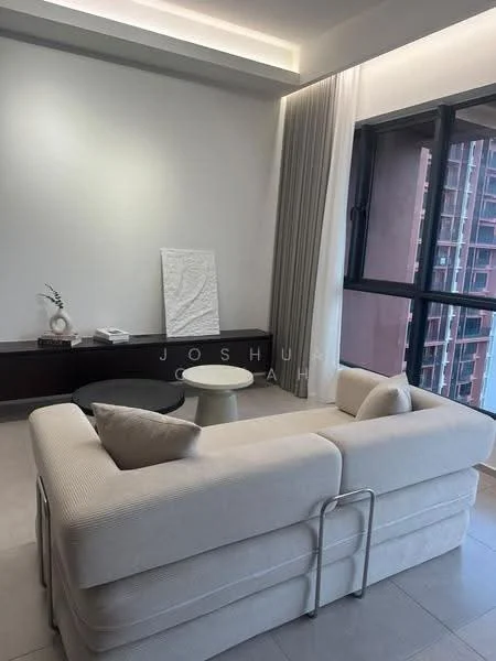 Living features: 3-seater fabric sofa in cream, coffee table, wall-mounted TV console, floor-to-ceiling windows, sheer curtains, recessed downlights, light-coloured wall, tile flooring; style: modern.