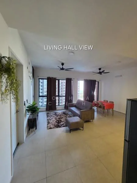 Living features: 3-seater fabric sofa in grey, 2-seater fabric sofa in grey, area rug with geometric pattern, coffee table, 4-seater dining table with red chairs, floor-to-ceiling windows with sheer curtains, 2 ceiling fans, light-colored tiled flooring, white painted walls, wall-mounted decorative plant; style: modern; view: city.