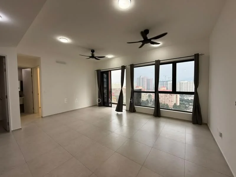 Living features: white painted walls, tile flooring, floor-to-ceiling windows, 2 ceiling fans, grey curtains, city view, recessed downlights; style: modern; view: city.