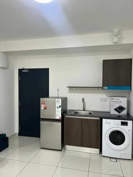 Kitchen features: stainless-steel fridge, single-bowl stainless-steel sink, chrome pull-down faucet, dark wood cabinetry, white countertop, built-in washing machine, white tiled flooring, white painted walls, shelf above countertop, door to hallway; style: modern.