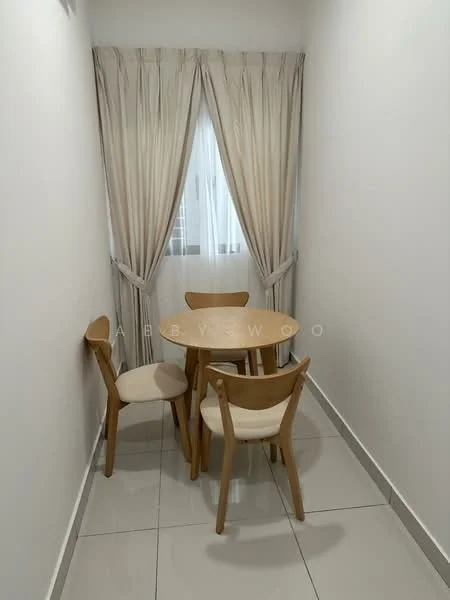 Room features: white painted walls, grey tiled flooring, round wooden table, 4 wooden chairs with upholstered seats, sheer curtains, curtain rod, natural light from window; style: modern.
