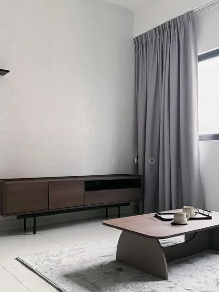 Living features: light grey painted walls, white tiled flooring, large window with sheer curtains, dark wood TV console with drawers, low-profile coffee table, area rug with geometric pattern, decorative items on coffee table; style: modern.