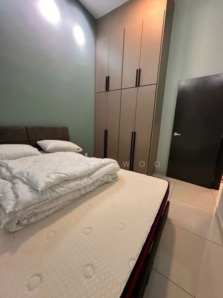 Bedroom features: queen-size bed, upholstered headboard, white bedding, built-in wardrobe with sliding doors, grey painted walls, tile flooring, recessed lighting, dark wooden door; style: modern.