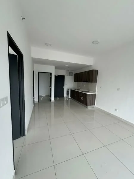 Room features: white painted walls, glossy ceramic tile flooring, recessed downlights, kitchen cabinetry in dark wood, countertop in light color, built-in kitchen appliances, open layout, multiple doors leading to other rooms; style: modern.