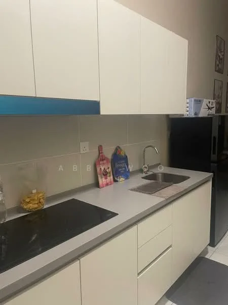 Kitchen features: white cabinetry, grey countertop, single-bowl stainless-steel sink, chrome pull-down faucet, built-in electric cooktop, black refrigerator, wall-mounted cabinets, tile backsplash, under-cabinet lighting, decorative items on countertop; style: modern.