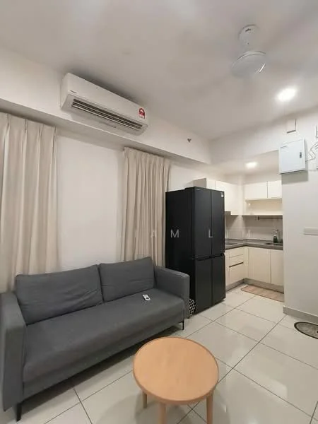 Living features: grey fabric sofa, round wooden coffee table, white painted walls, glossy tile flooring, 1 wall-mounted split AC, recessed downlights, floor-to-ceiling curtains, black refrigerator, white cabinetry, built-in oven, stainless-steel sink, countertop with backsplash; style: modern.