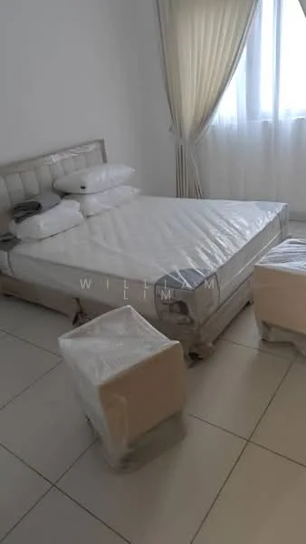 Bedroom features: queen-size bed, upholstered headboard, two bedside stools, white painted walls, floor-to-ceiling window, sheer curtains, tile flooring, natural light; style: modern.