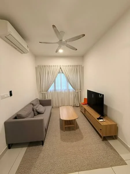 Living features: grey fabric 3-seater sofa, wooden coffee table, TV console, wall-mounted TV, area rug, floor-to-ceiling window, sheer curtains, recessed downlights, 5-blade ceiling fan, wall-mounted split AC, white painted walls, light-colored tile flooring; style: modern.